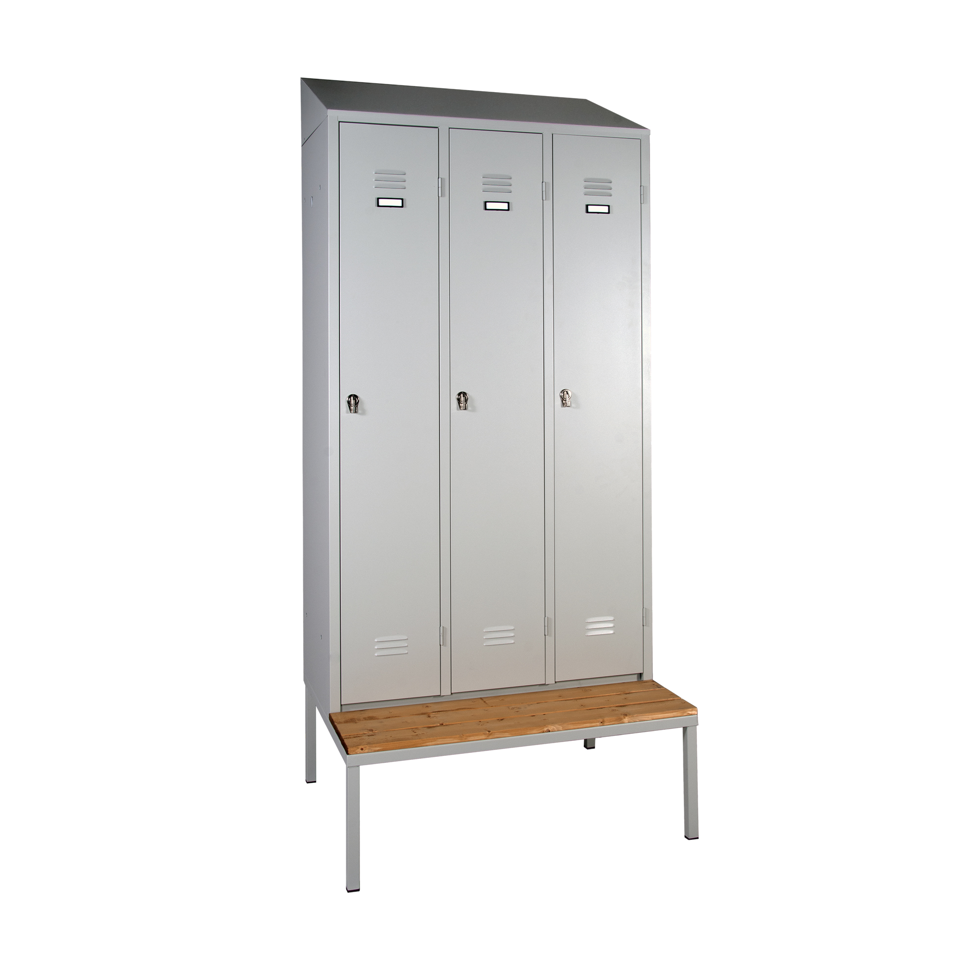 Armadietto spogliatoio Cabo con panchina, 4 scomparti, L 1190, H 1850, P  500/815 mm, grigio/grigio